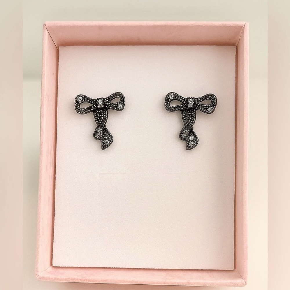 Elegant Black Bow Earrings | Chic Silver Jewelled Ribbon Studs | Gift Wrapped